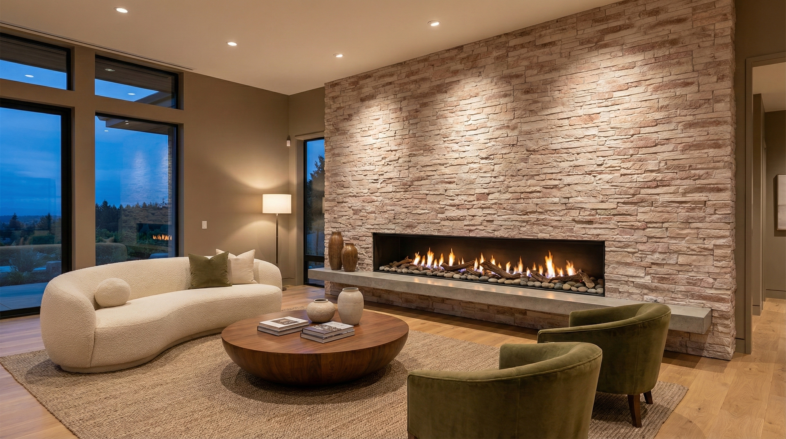 Elegantni kamin sa Dolomite Coffee kamenim oblogama - topao i luksuzan ambijent